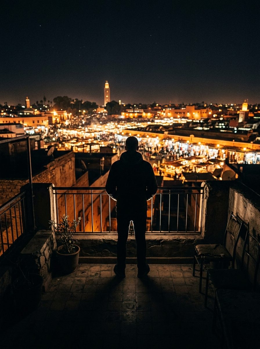 Silhouette face aux lumières de la ville