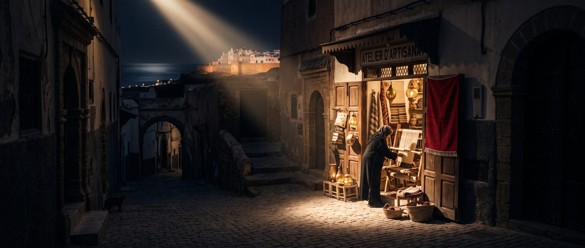 Ruelle d'une médina marocaine la nuit, une devanture éclairée par un projecteur